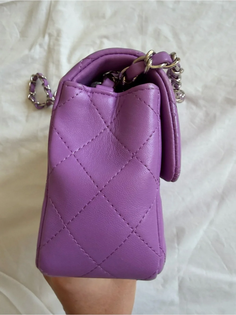 CHANEL Mini Quilted Lambskin Shoulder Bag in Lilac Purple with Silver Hardware